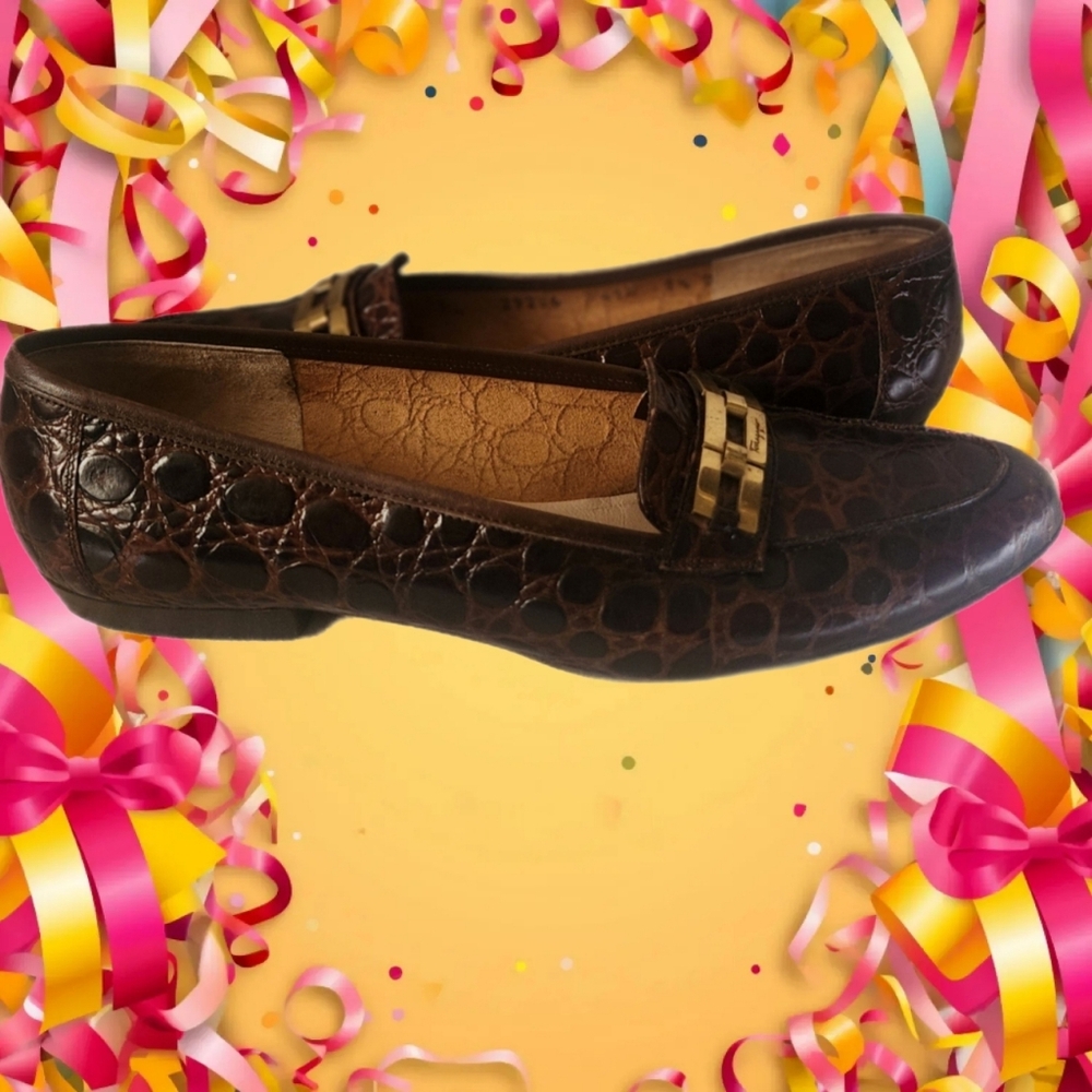 SALVATORE FERRAGAMO BROWN LEATHER EMBOSSED CROC DESIGNER LOAFERS @msplf1949 - Picture 3 of 6